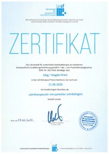 Mag.a Magda Pirker: Zertifikat-partielle-Lehrtherapie las:f Wien, Juni 2026